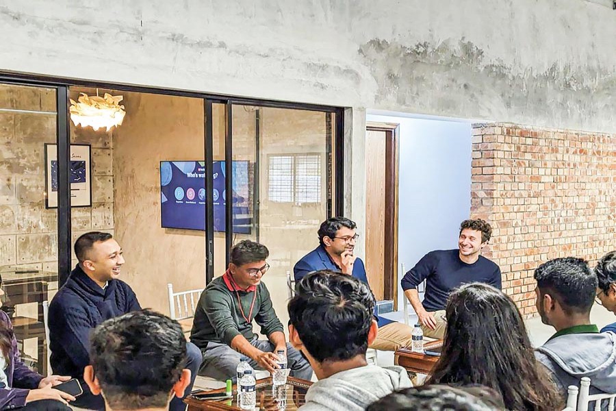 (From left) Jawad Mubashwir, chairman at Polygon, Shawal Siddique, CTO Kaz Software, Sabbir Siddiqui, director of Engineering, Optimizely, Alessandro Zanardi, CEO of Codeworks- during a session for the students at Project Code campus in Dhaka