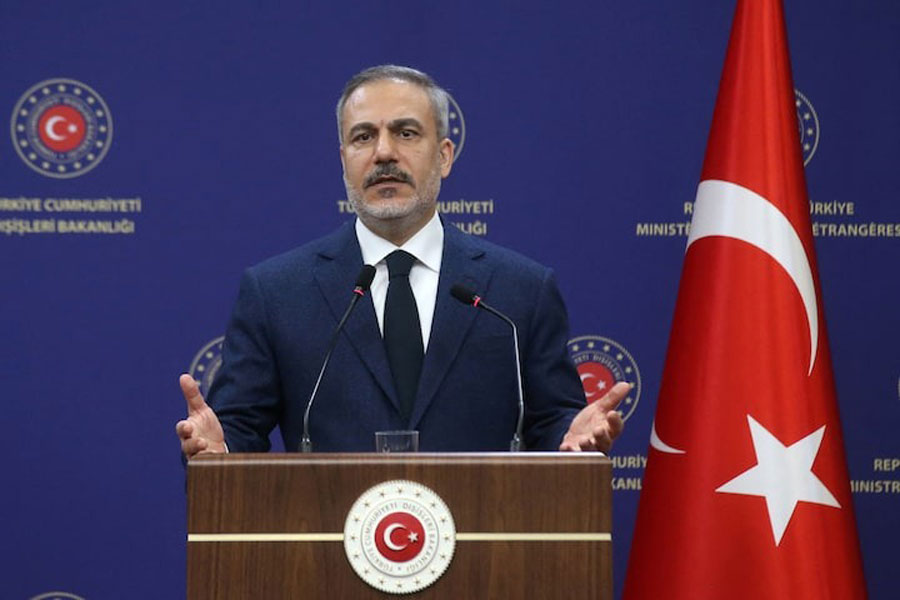 Turkish Foreign Minister Hakan Fidan speaks during a press conference with his Russian counterpart Sergei Lavrov (not pictured) in Ankara, Turkey, February 24, 2025.