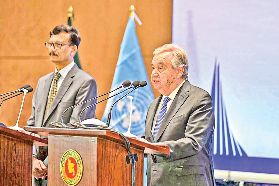 United Nations Secretary-General António Guterres speaks at a joint press conference at the Hotel Intercontinental in the capital on Saturday. Foreign Affairs Adviser Md Touhid Hossain was present on the occasion