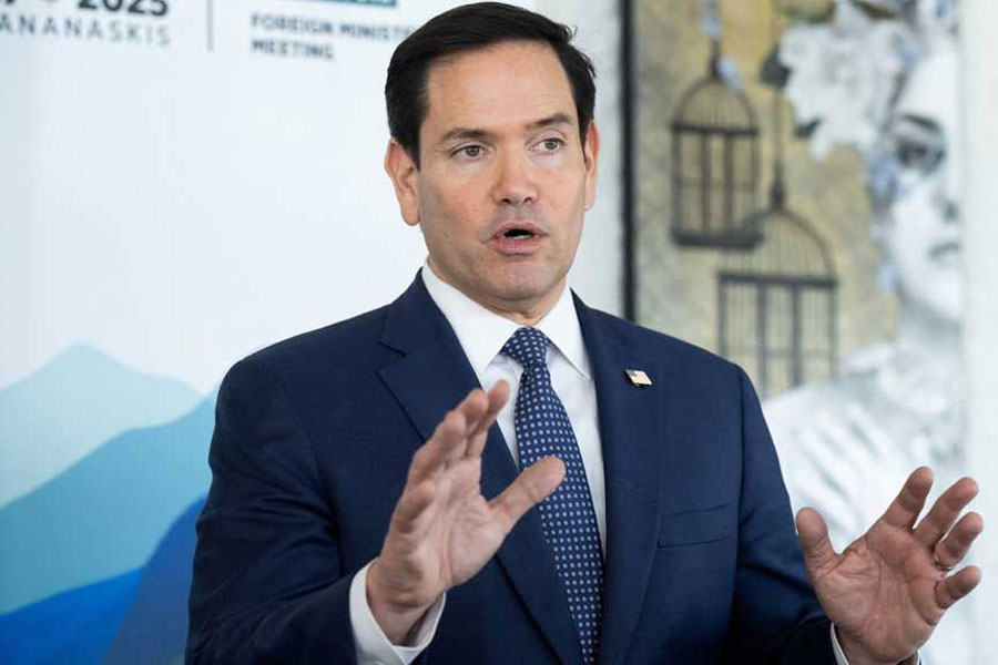 US Secretary of State Marco Rubio speaks with reporters following the G7 foreign ministers meeting in La Malbaie, Quebec, Canada Mar 14, 2025.