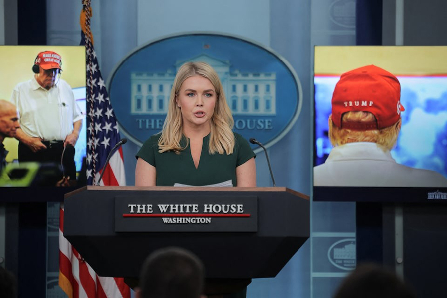 White House Press Secretary Karoline Leavitt speaks to members of the media, as images are displayed of US President Donald Trump receiving information on military strikes launched against Yemen's Iran-aligned Houthis, in the briefing room at the White House, in Washington, DC, US on March 17, 2025 — Reuters photo