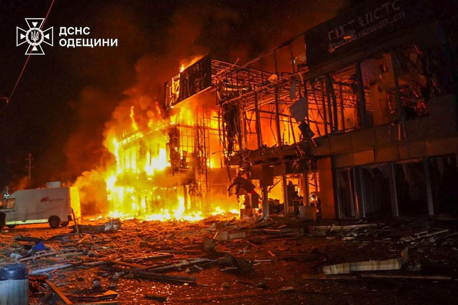 A view shows the site of a Russian drone strike, amid Russia's attack on Ukraine, in Odesa, Ukraine in this handout picture released March 21, 2025.