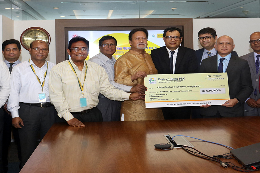 To support pediatric healthcare services to underprivileged children, Ahmed Shaheen, Additional Managing Director of EBL, handed over a cheque of BDT 6.1 million to Engineer Reza Karim, Secretary General, Shishu Sasthya Foundation, Bangladesh at a ceremony held at EBL's head office in Dhaka