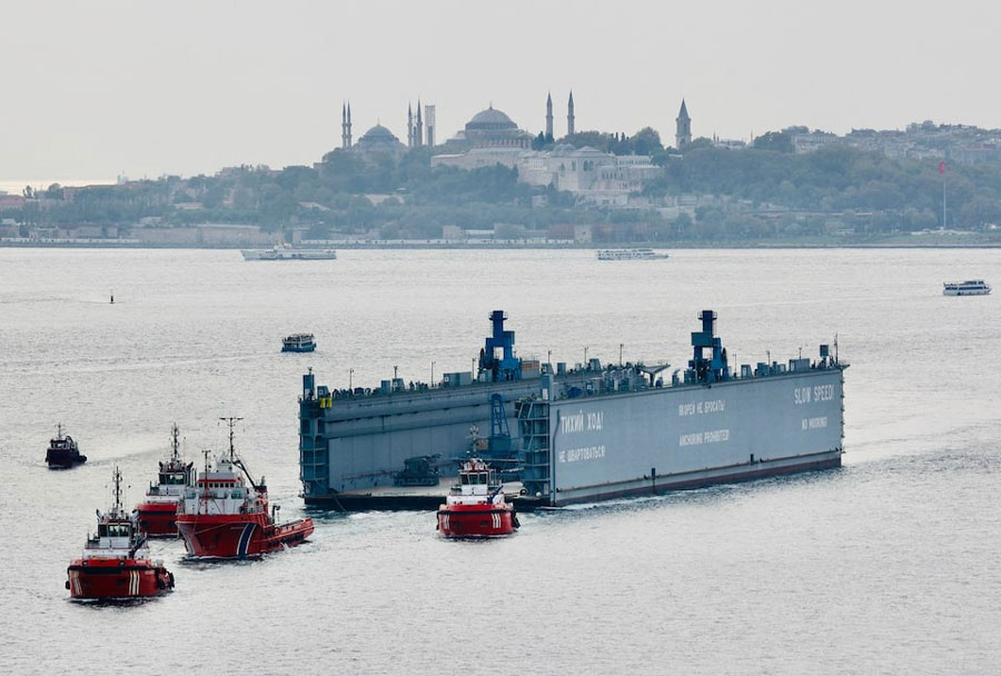 A Russian floating dock is towed by tugboats through Bosphorus to the Black Sea, in Istanbul, Turkey, September 18, 2024.