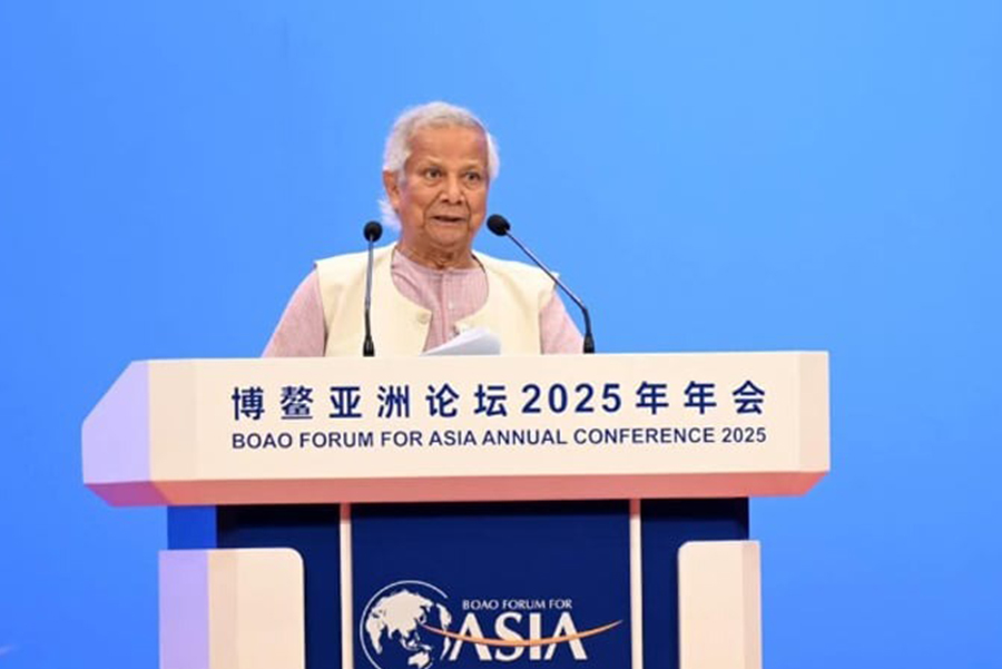 Chief Adviser Professor Muhammad Yunus is seen addressing the Boao Forum for Asia (BFA) conference in Hainan, China, on Thursday — PID photo