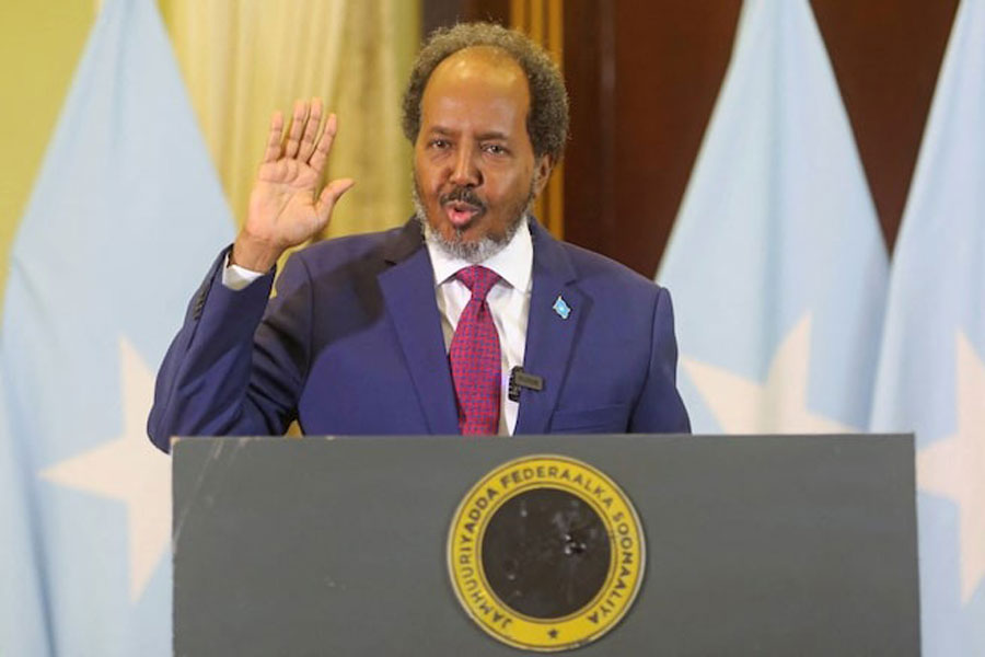 Somalia's President Hassan Sheikh Mohamud addresses the media inside his office in Mogadishu, Somalia February 21, 2024.