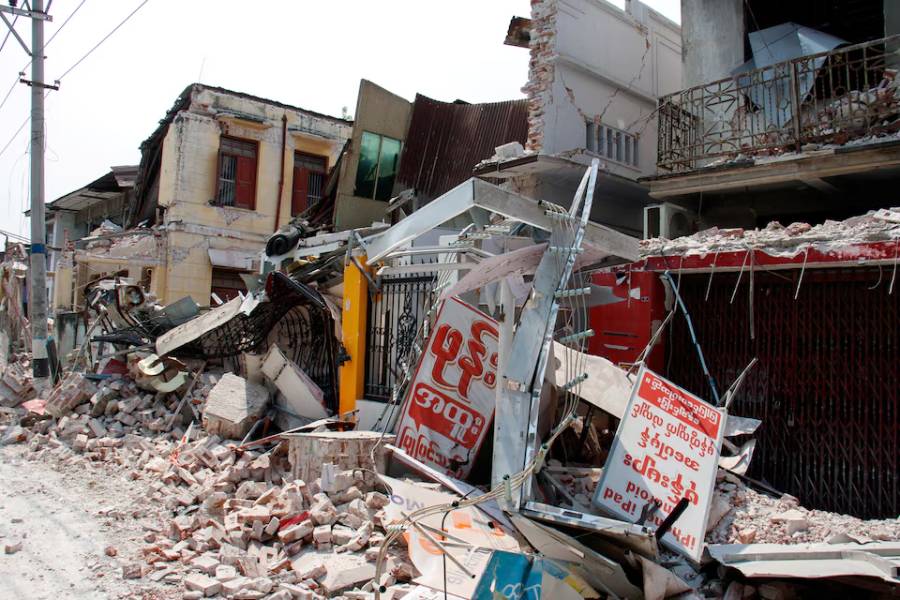 Buildings lie in ruins after a strong earthquake, in Amarapura, Myanmar, March 31, 2025.