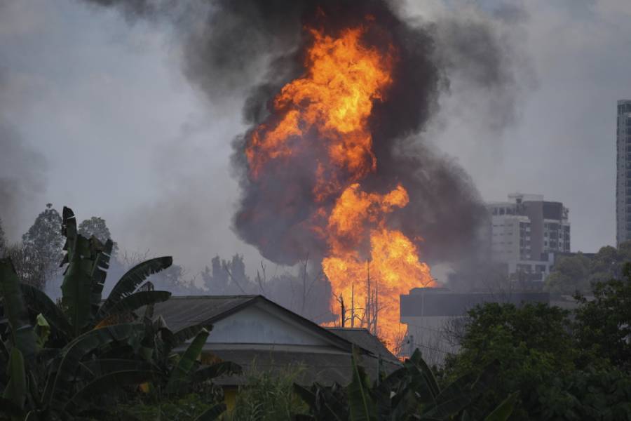 A massive fire burns after a gas pipeline burst on Tuesday, April 1, 2025, in Putra Heights in Puchong, Malaysia.
