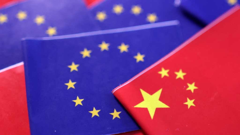 EU and Chinese flags are seen in this illustration taken, Mar 20, 2025. REUTERS/Dado Ruvic/Illustration