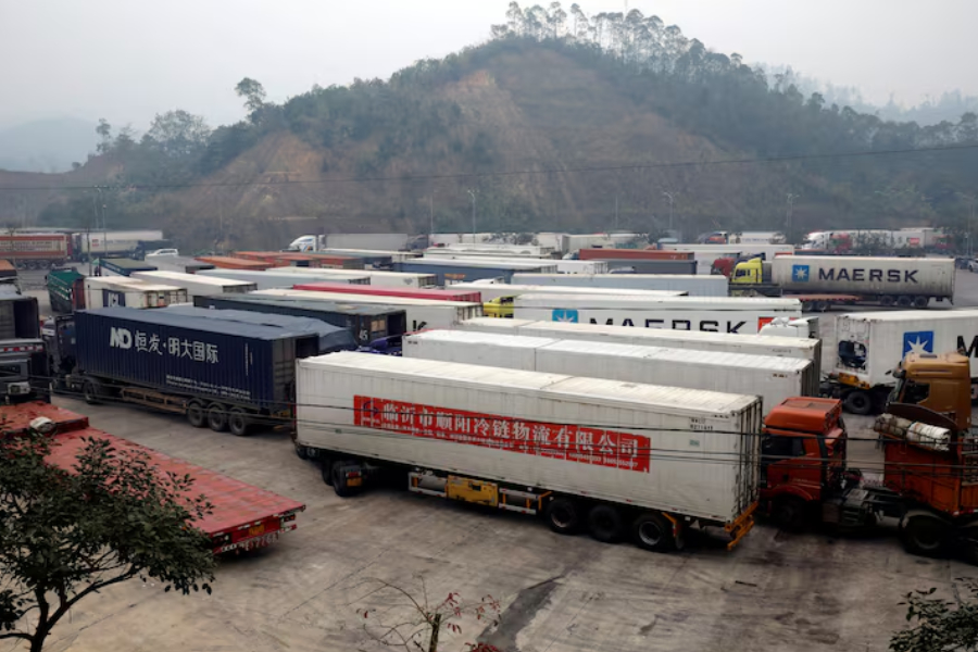 Container trucks are seen while waiting for cross the border at Huu Nghi border gate connecting with China, in Lang Son province, Vietnam February 20, 2020.