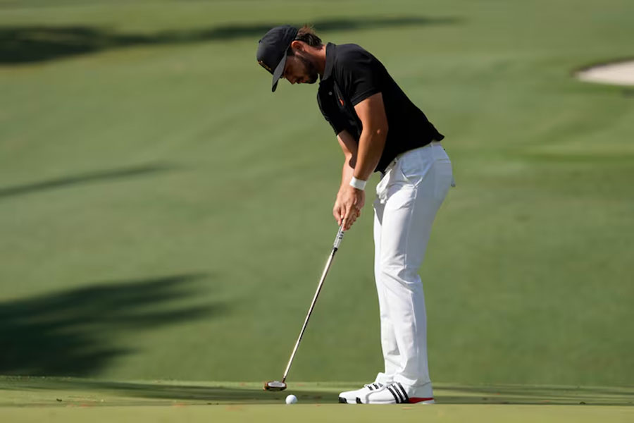 Apr 11, 2025; Augusta, Georgia, USA; Jose Luis Ballester putts on the tenth green during the second round of the Masters Tournament at Augusta National Golf Club.