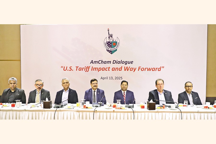 (From left) Md. Fazlul Hoque, former president of BKMEA; John Fay, Commercial Counselor, US Embassy, Dhaka; Syed Nasim Manzur, Managing Director of Apex Footwear Ltd. and President of LFMEAB; Syed Ershad Ahmed, President of AmCham Bangladesh; Mohammad Belal Hossain Chowdhury, Member (VAT Implementation & IT), NBR; Eric M. Walker, Vice President of AmCham Bangladesh; and Al-Mamun M Rashel, Treasurer of AmCham Bangladesh; seen at the AmCham Dialogue held at a city hotel on Sunday.