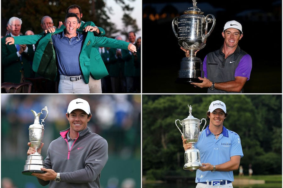 Golf - A combination picture shows Northern Ireland's Rory McIlroy celebrating winning all four major championships. Yesterday, Northern Ireland's Rory McIlroy beat England's Justin Rose in the Masters playoff to seal a career Grand Slam. April 14, 2025.