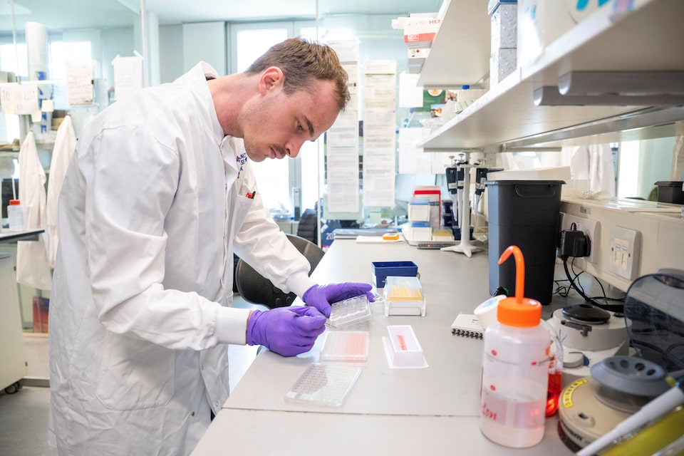 Research scientist Baptiste Brauge works in one of the labs at the Cancer Research UK's institute in Bearsden, Glasgow, Scotland, Britain, April 9, 2025. REUTERS/Lesley Martin