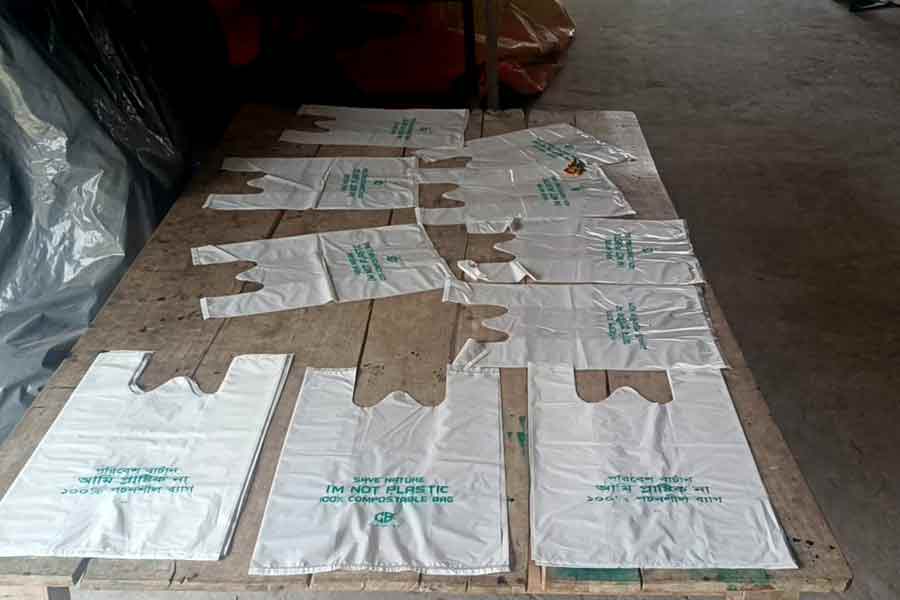 Photo shows the biodegradable bags made from corn starch at Chapal village in Godagari upazila of Rajshahi district —FE Photo