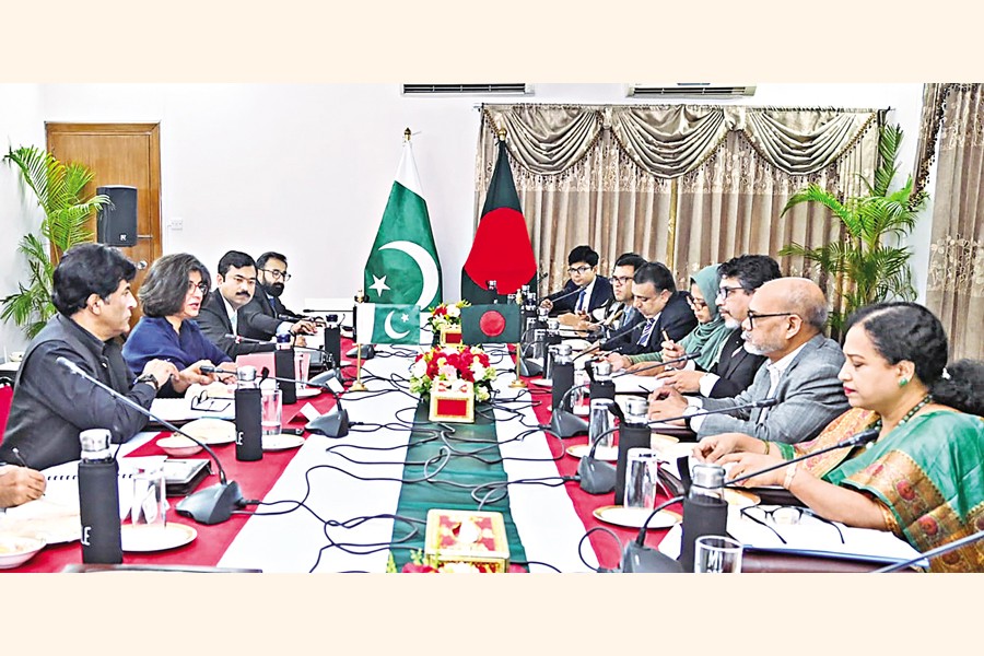 Bangladesh Foreign Secretary Md Jashim Uddin and Pakistan's Foreign Secretary Amna Baloch lead their respective sides during the foreign secretary-level talks at the State Guest House Padma in the capital on Thursday. — Focus Bangla