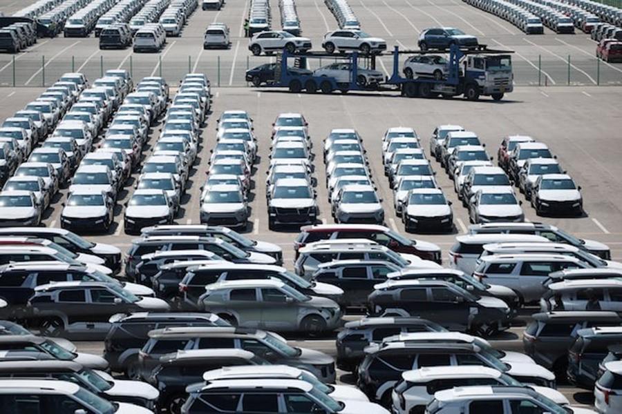 A car carrier transporting vehicles made by Kia Motors, which is part of South Korea's biggest automaker company Hyundai Motor, arrives at Pyeongtaek port in Pyeongtaek, South Korea on April 15, 2025 — Reuters/File