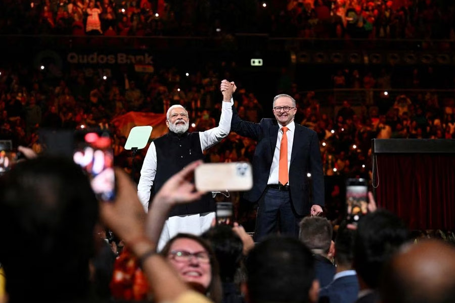 India's Prime Minister Narendra Modi and Australia's Prime Minister Anthony Albanese attending a community event at Qudos Bank Arena in Sydney on Tuesday –Reuters photo