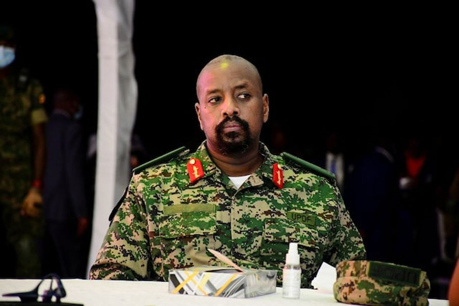 Lt. General Muhoozi Kainerugaba, the son of Uganda's President Yoweri Museveni, who leads the Ugandan army's land forces, looks on during his birthday party in Entebbe, Uganda May 7, 2022.