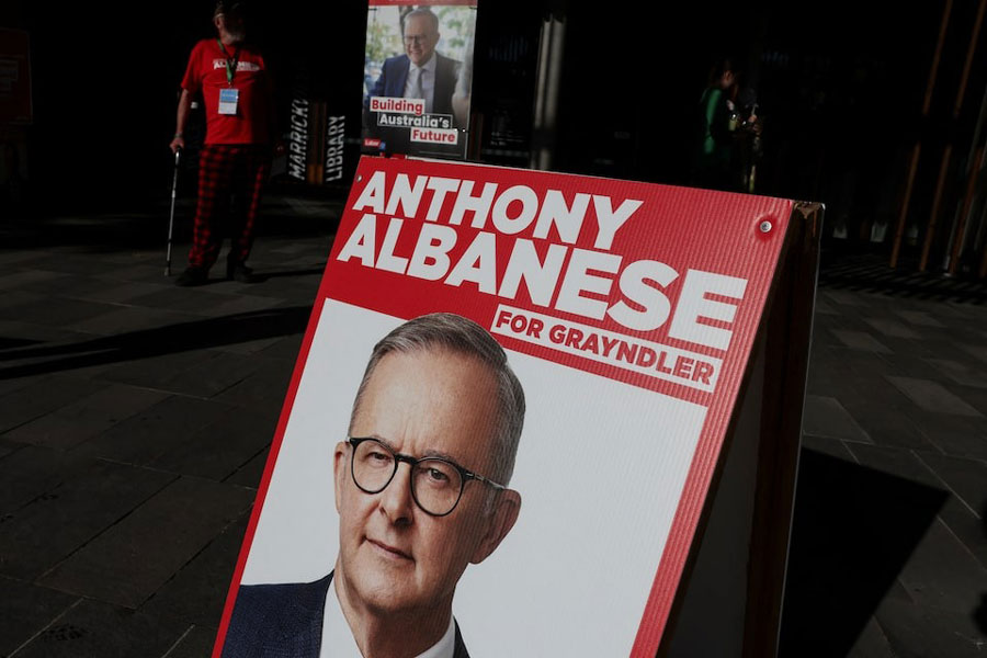 An electoral placard with the picture of Australia's Prime Minister Anthony Albanese is placed on the street in Grayndler during the Australian federal election, in Sydney, Australia, May 3, 2025.