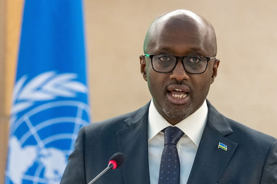 Olivier Nduhungirehe, Minister for Foreign Affairs and International Cooperation of Rwanda addresses the Human Rights Council at the United Nations in Geneva, Switzerland, February 26, 2025.