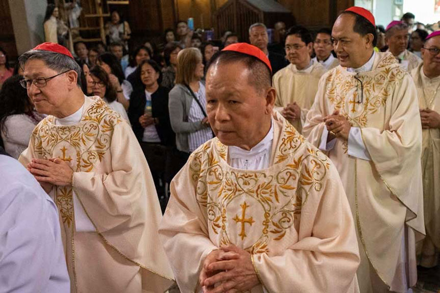 Filipino Cardinals Luis Antonio Tagle, Jose Advincula, and Pablo Virgilio David attend Sunday Mass at the Pontificio Collegio Filippino ahead of the Conclave and the election of the new pope, which will start on May 7, in Rome, Italy, May 4, 2025.