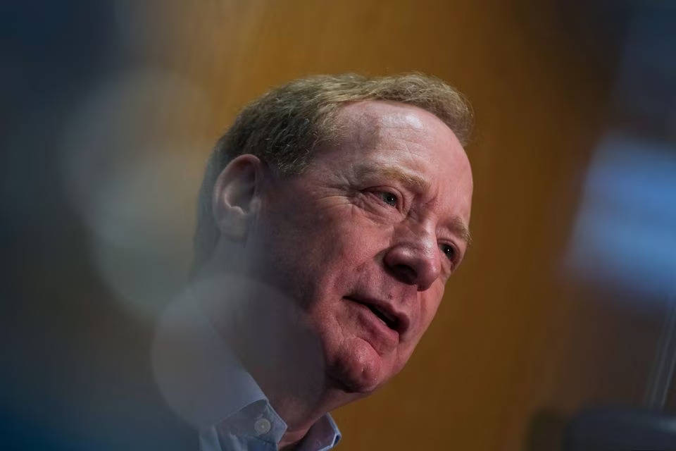 President of Microsoft Brad Smith reacts during an interview with Reuters at the Web Summit, Europe's largest technology conference, in Lisbon, Portugal on November 3, 2021 — Reuters/Files