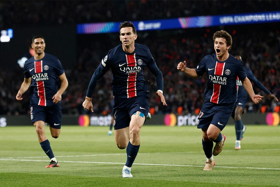 Paris St Germain's Fabian Ruiz celebrates scoring their first goal with Achraf Hakimi and Joao Neves during their semi-final second leg clash against Arsenal — UEFA Champions League, Parc des Princes in Paris on May 7, 2025 — Reuters photo