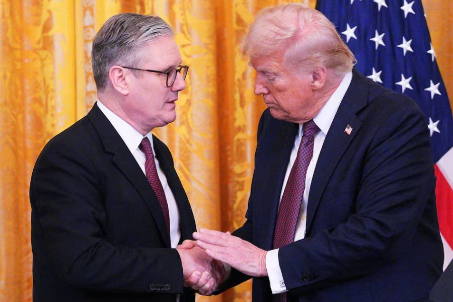 British Prime Minister Keir Starmer and U.S. President Donald Trump shake hands during a joint press conference in the East Room at the White House, February 27, 2025 in Washington, D.C.