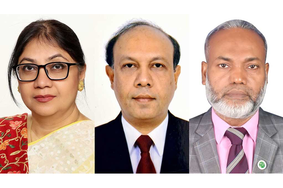From left to right: Barishal University’s Vice-Chancellor Prof Sucharita Sharmin, Pro-Vice-Chancellor Prof Golam Rabbani, and Treasurer Md Mamun Or Rashid
