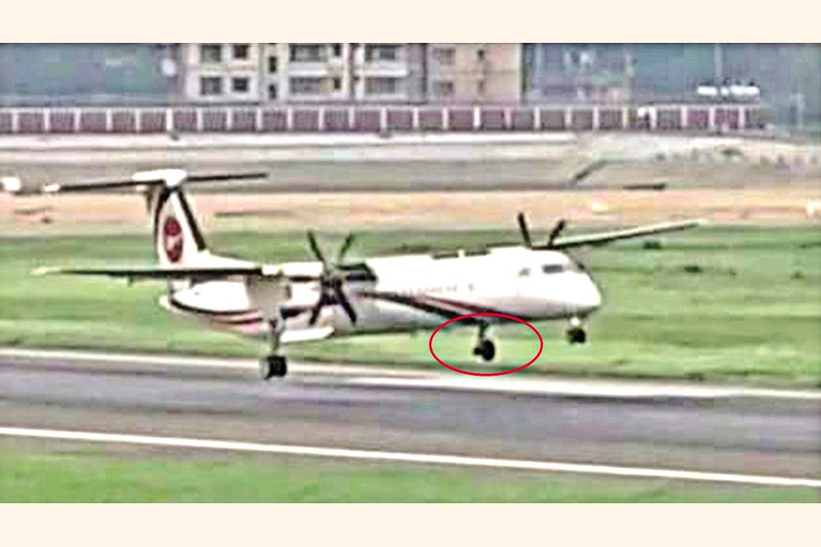 A Biman Bangladesh Airlines flight landed safely at the Hazrat Shahjalal International Airport (HSIA) in Dhaka despite losing a wheel shortly after taking off from Cox's Bazar on Friday. — Focus Bangla