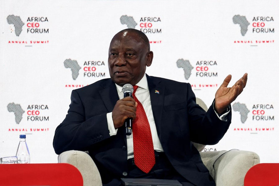 South African President Cyril Ramaphosa speaks as he attends a panel at the Africa CEO Forum in Abidjan, Ivory Coast, May 12, 2025.