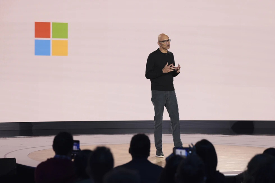 Microsoft Chairman and CEO Satya Nadella speaks during a presentation of the company's AI assistant, Copilot, and 50th Anniversary celebration at Microsoft headquarters, in Redmond, Washington on April 4, 2025 — AP/File