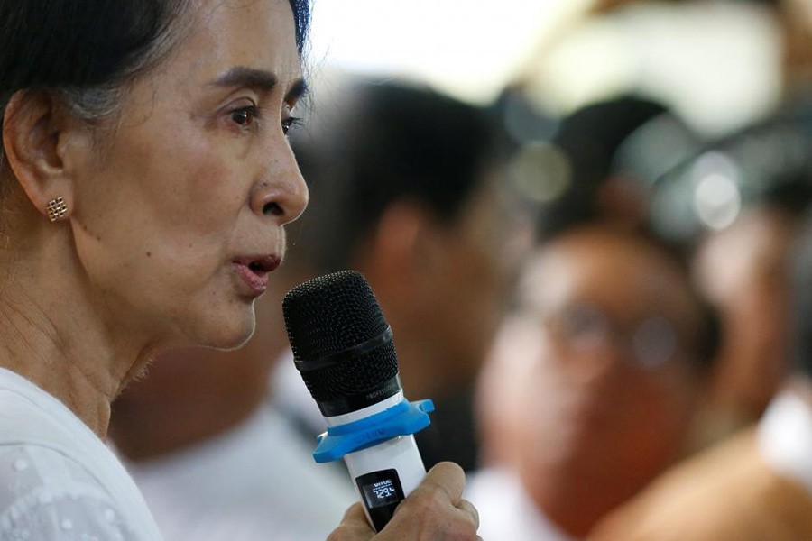 Myanmar State Counselor Aung San Suu Kyi gives a speech. - File photo