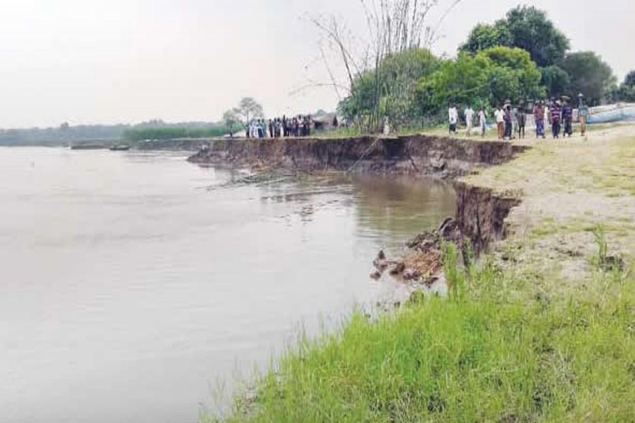 A vast area in Debinagar village under Chapainawabganj Sadar was eroded due to recent flood in the district. The snap was taken on Thursday. — FE Photo