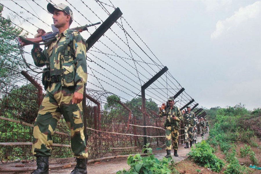 India border guards patrolling the Myanmar frontier to thwart infiltration bid of Rohingyas. — Reuters