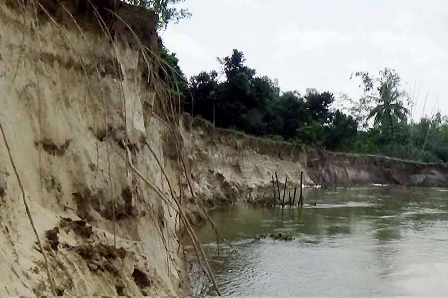 Jomuneshwari erosion takes a serious turn in Nagerhat area under Badarganj upazila in Rangpur. The photo was taken on Tuesday. — FE Photo