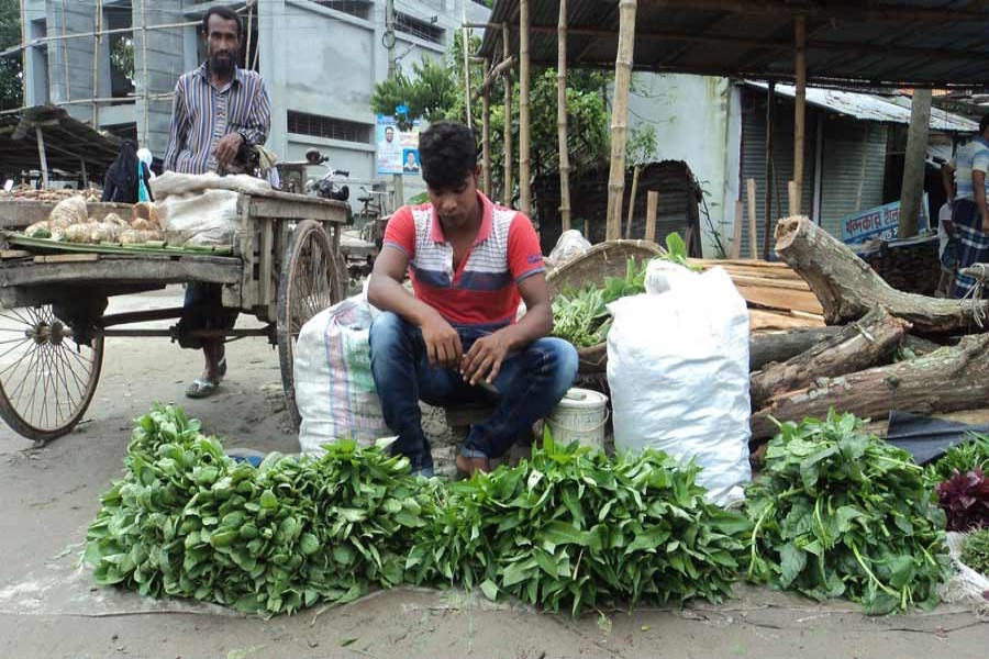 A vendor waits for customers at the Goderpara kitchen market under Bogra Sadar on Thursday. — FE Photo