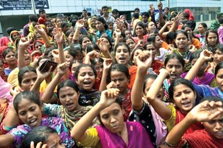 RMG workers protesting in Dhaka.