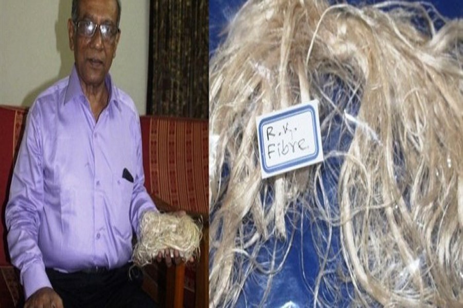 Dr Anwarul Islam holds a bundle of RK Fibre. — FE Photo
