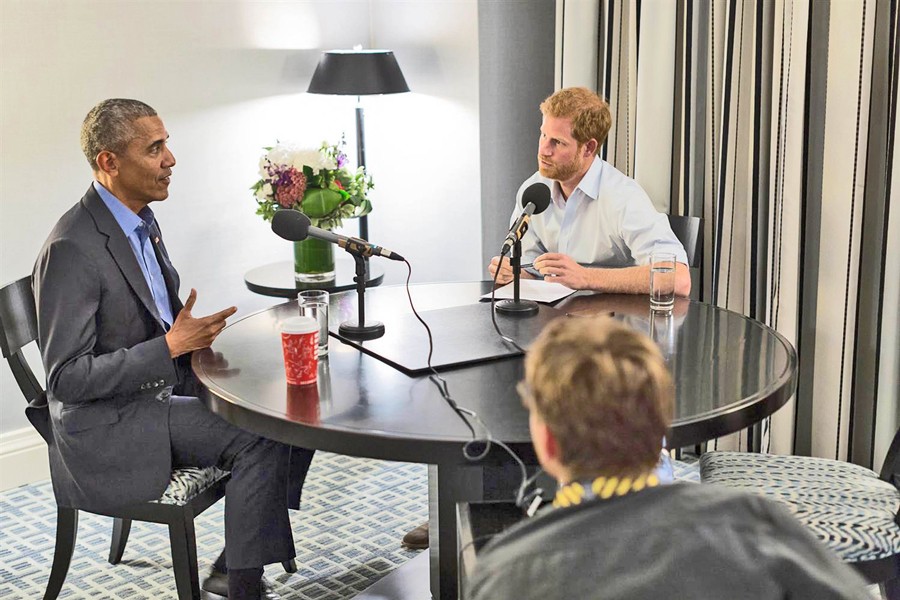In this undated photo issued on December 17 by Kensington Palace courtesy of the Obama Foundation, Britain's Prince Harry interviews former US President Barack Obama as part of his guest editorship of BBC Radio 4's Today programme. — AP