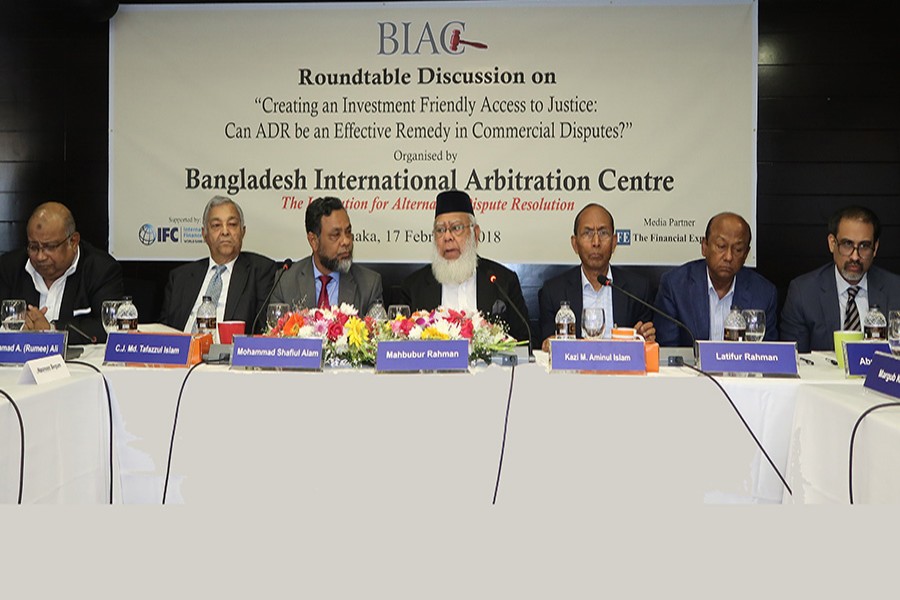 Mahbubur Rahman, Chairman, Bangladesh International Arbitration Centre (BIAC), speaks at a roundtable on Creating Investment Friendly Access to Justice: Can ADR be an Effective Remedy in Commercial Disputes? at a city hotel on Saturday. — FE photo