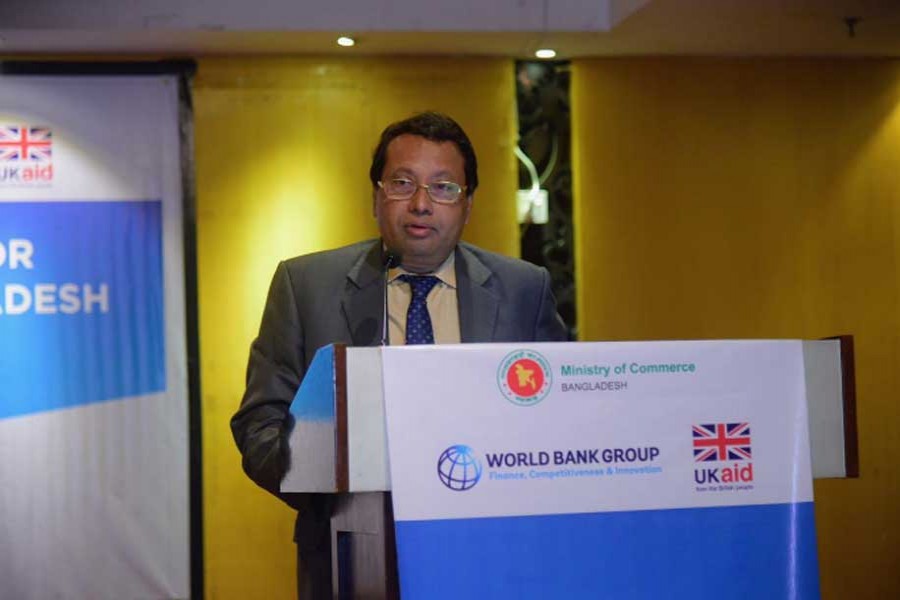 Commerce Secretary Shubhashish Bose speaking at a discussion titled ‘Women in Business: Dhaka Roundtable on Strengthening Market Access and Integration into Corporate Value Chains’ at a city hotel recently