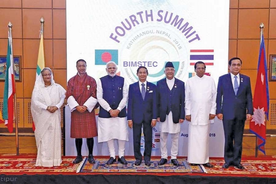Bangladesh Prime Minister Sheikh Hasina, Chief Advisor to the Interim Government of Bhutan Gyalpo Tshering Wangchuk, Indian PM Narendra Modi, Myanmar's President Win Myint, Nepalese Premier KP Sharma Oli, Sri Lankan President Maitripala Sirisena and Thailand PM Prayut Chan-o-cha at the fourth BIMSTEC summit last week in Kathmandu.