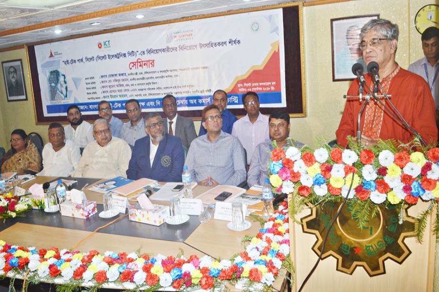 Post, Telecommunication and ICT Minister Mostafa Jabbar addressing the seminar in Sylhet on Sunday — FE Photo
