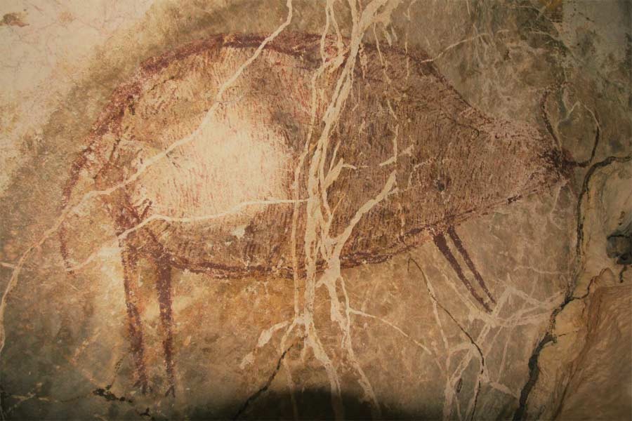 Cave paintings at East Kalimantan, Borneo, Indonesia, have been dated at 40,000 thousand years ago.