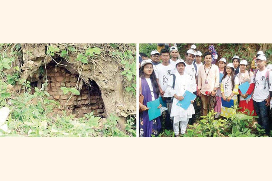 The remains of 'King Virat Palace' at Khirtala village in Raiganj upazila, Sirajganj (left), a group of archaeologists from Rabindra University who discovered the site (right). —Photo courtesy: Dhaka Tribune