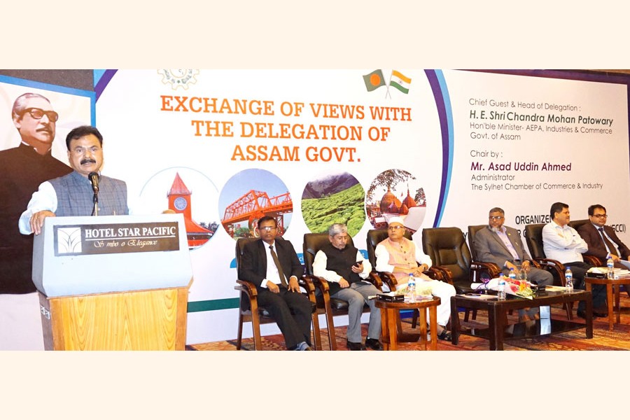 Assam's Minister for Industry & Commerce Shri Chandra Mohan Patowary addressing as the chief guest an exchange of views meeting organised by the SCCI in Sylhet on Wednesday — FE photo
