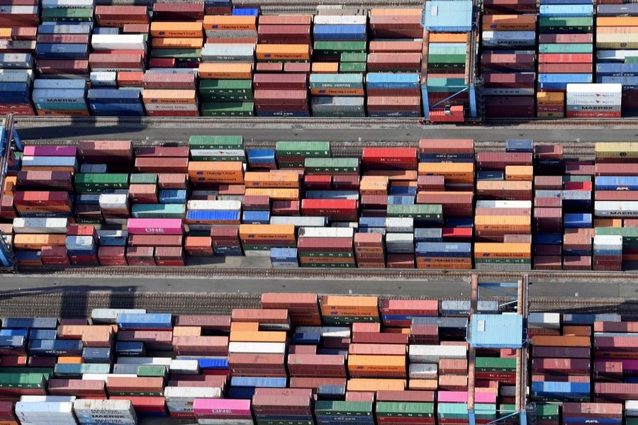 Aerial view of containers at a loading terminal in the port of Hamburg, Germany — Reuters