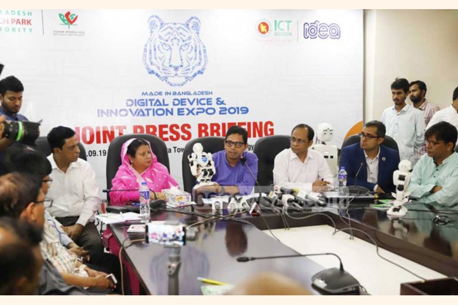 THE GOVERNMENT IS SET TO LAUNCH A PROJECT TO FUND THE ICT ENTREPRENEURS AIMING TO DEVELOP INNOVATIVE POTENTIALS OF YOUNG PEOPLE IN THE SECTOR: "Under the project to be called 'Bangabandhu Innovation Grant', each entrepreneur in hardware and R&D sector will receive the fund from Tk 1.0 million to Tk 50 million," said State Minister for ICT Zunaid Ahmed Palak while briefing the media on a three-day Digital Device and Innovation Expo in Dhaka on September 13, 2019. — Photo: bdnews24.com